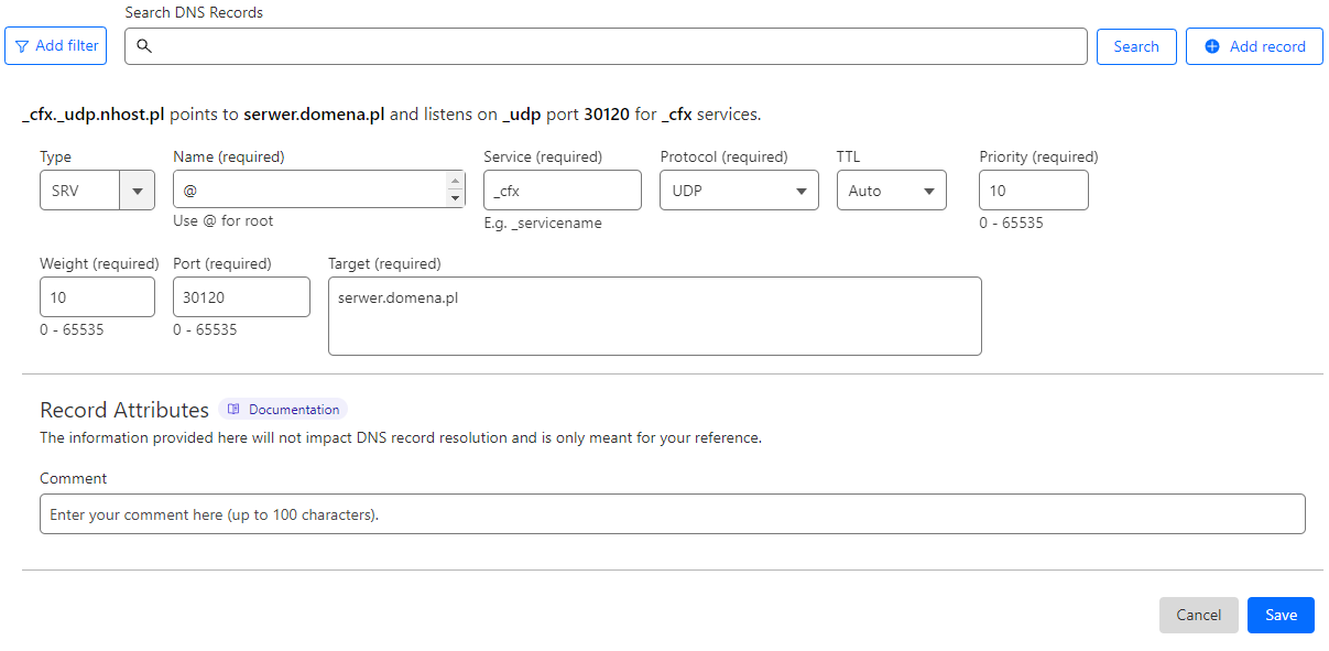Dodawanie rekordu SRV