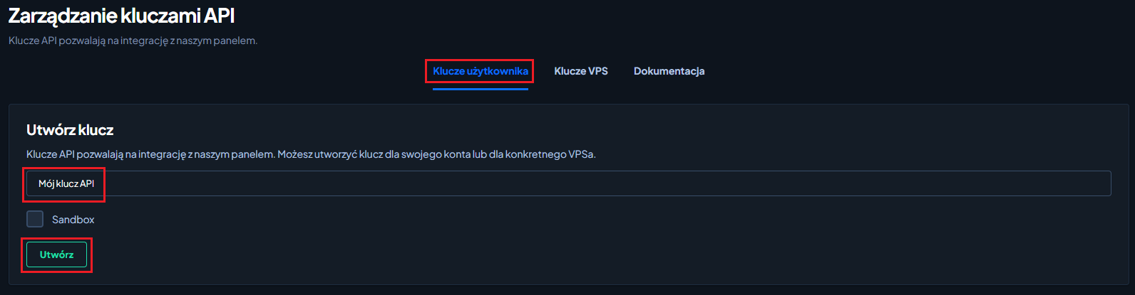 Zakładka zarządzania kluczami API