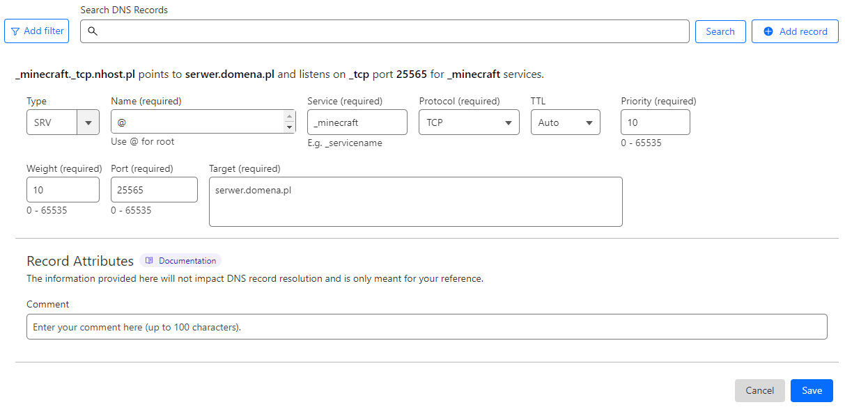 Dodawanie rekordu SRV