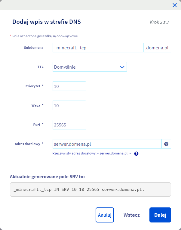 Dodawanie rekordu SRV
